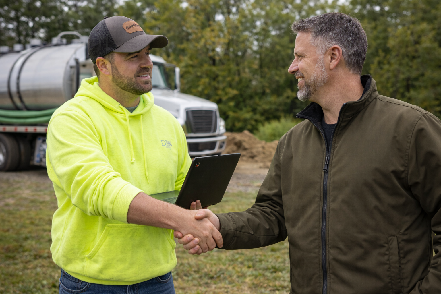 Septic surge team shaking hands with septic business owner